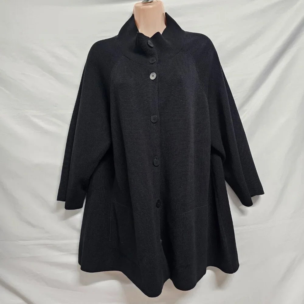 Eileen Fisher Button Up Mock Neck Kimono Jacket Women Size L Black Silk/Cotton - Picture 12 of 13